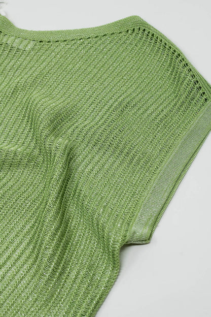 Boat Neck Ribbed Sweater With Cap Sleeves in Green