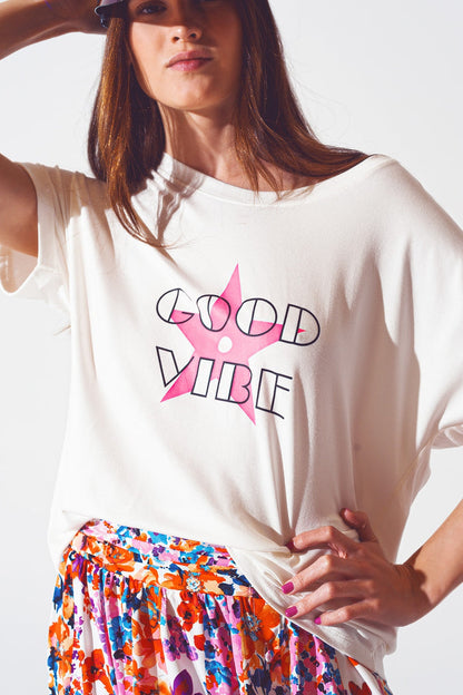 Boat Neck T-shirt With Good Vibe Text in White and Pink - top