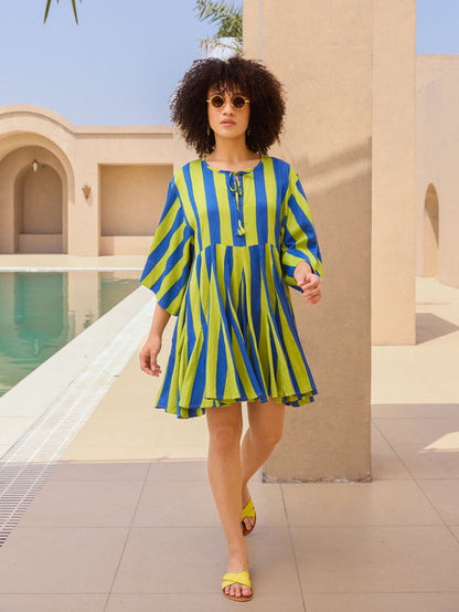 Blue and green cotton midi dress with statement sleeves and tassel neck - Pinklay