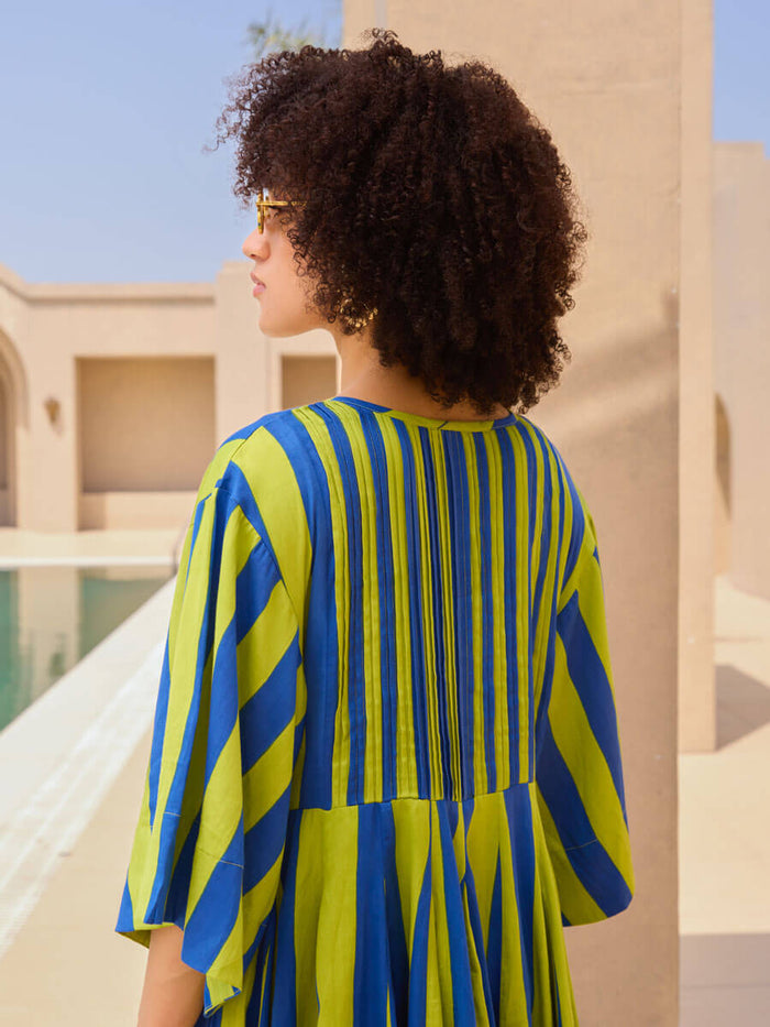 Blue and green cotton midi dress with statement sleeves and tassel neck - Pinklay