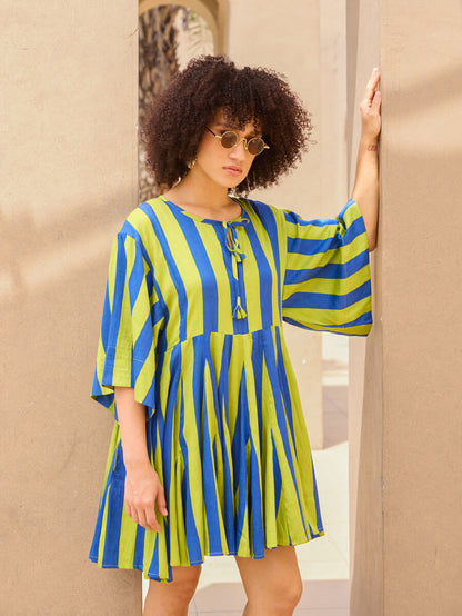 Blue and green cotton midi dress with statement sleeves and tassel neck - Pinklay