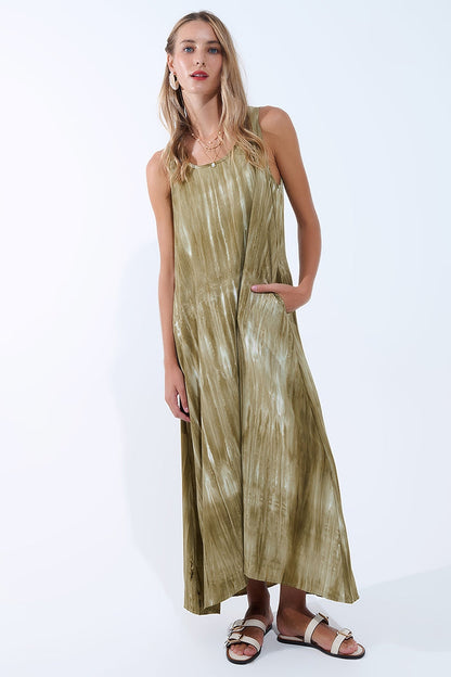 Boho Relaxed Dress in Kakhi Green Tie Dye in high quality fabric - dress