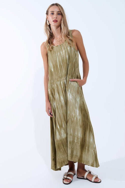 Boho Relaxed Dress in Kakhi Green Tie Dye in high quality fabric - dress