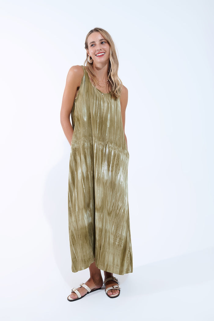 Boho Relaxed Dress in Kakhi Green Tie Dye in high quality fabric - dress