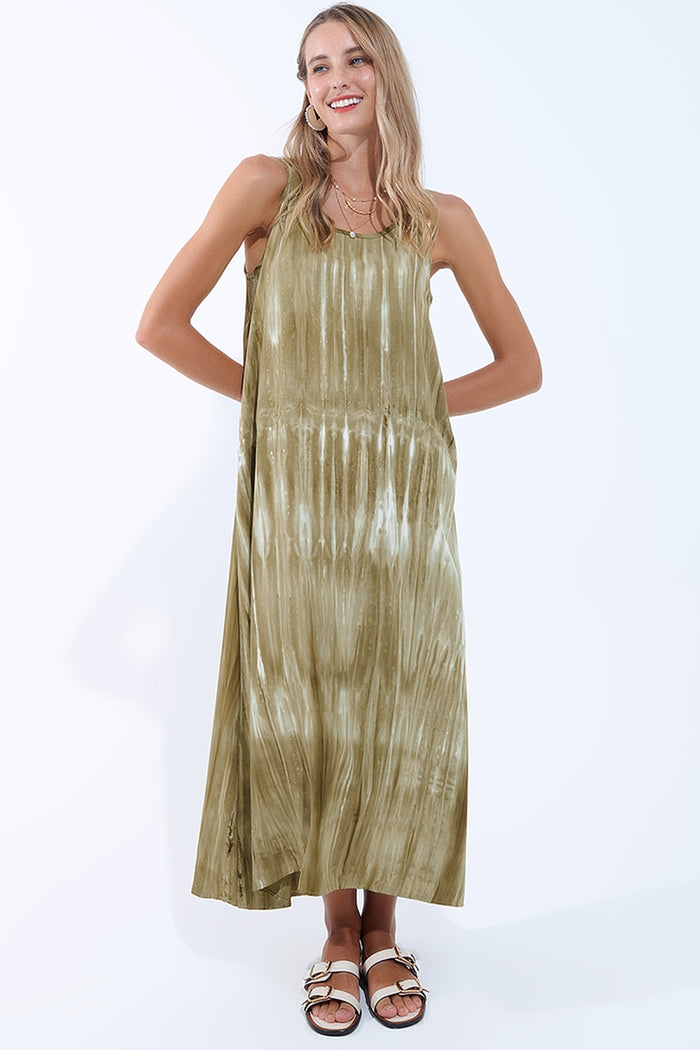 Boho Relaxed Dress in Kakhi Green Tie Dye in high quality fabric - dress