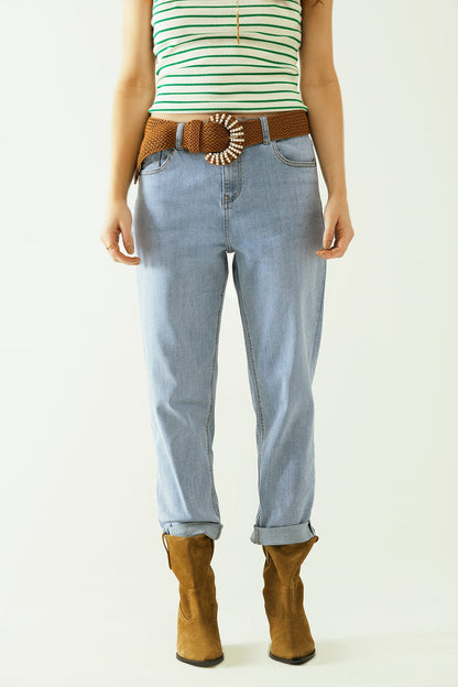Boyfriend light blue jeans with stitching details on the edges - Denim