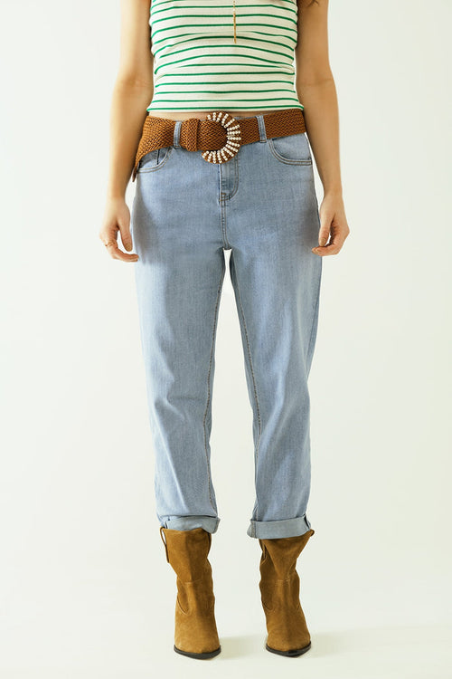 Boyfriend light blue jeans with stitching details on the edges - Denim