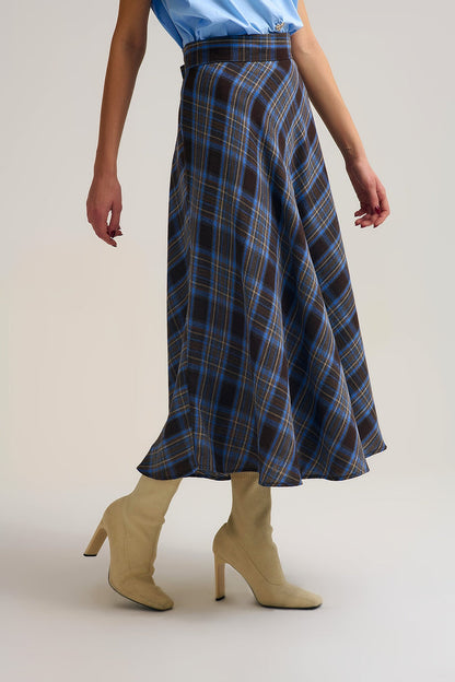 Brown Check High-Waisted Midi Skirt
