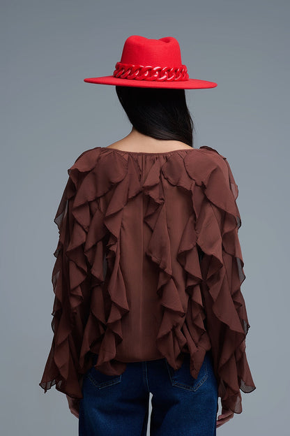 Brown chiffon V-Neck All Over Ruffle Blouse - Shirts