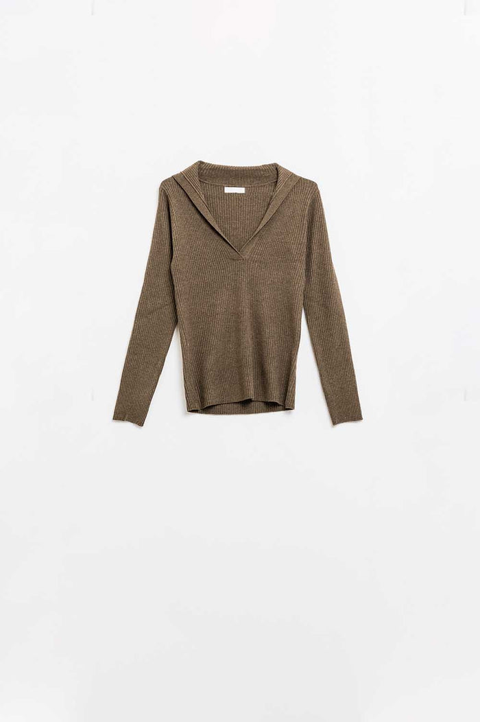 Brown Collared Rib Top With Long Sleeves