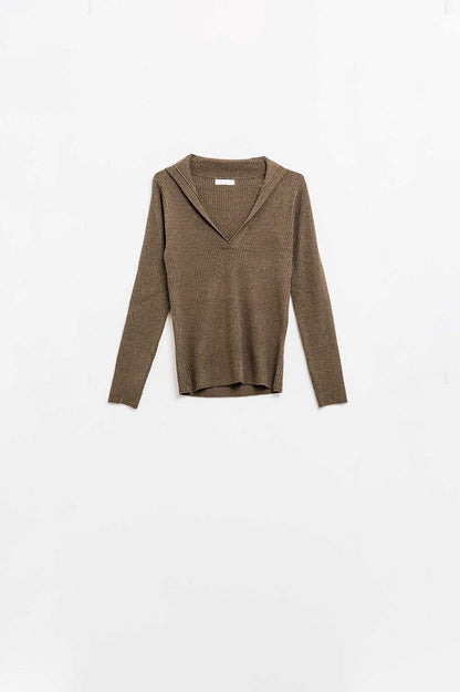 Brown Collared Rib Top With Long Sleeves