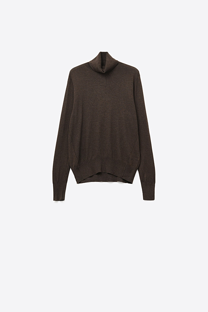 Brown-colored turtleneck sweater in fine merino wool knit