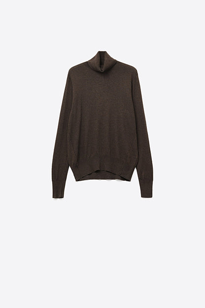 Brown-colored turtleneck sweater in fine merino wool knit