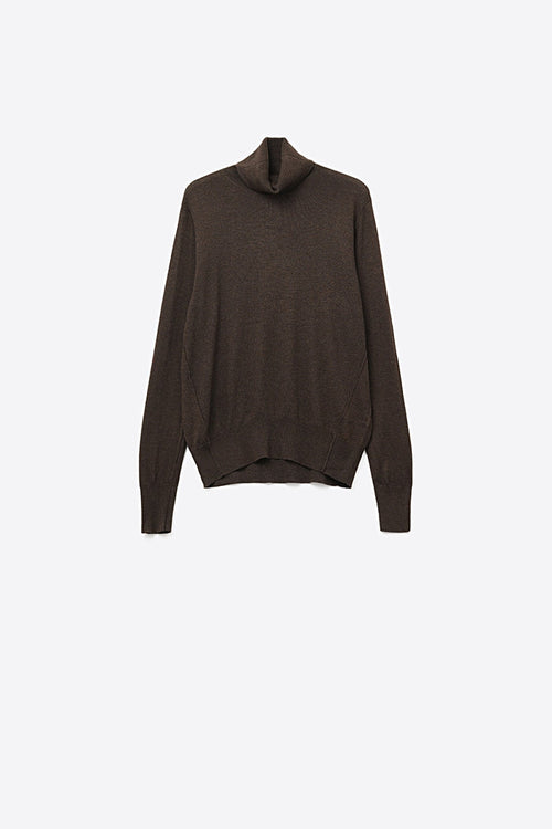 Brown-colored turtleneck sweater in fine merino wool knit