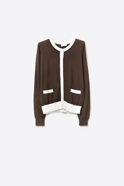 Brown Contrast Trim Button-Up Long Sleeve Cardigan
