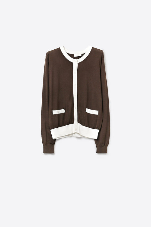 Brown Contrast Trim Button-Up Long Sleeve Cardigan