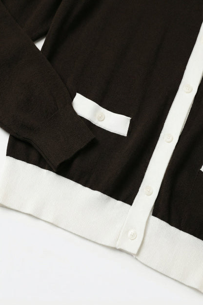 Brown Contrast Trim Button-Up Long Sleeve Cardigan