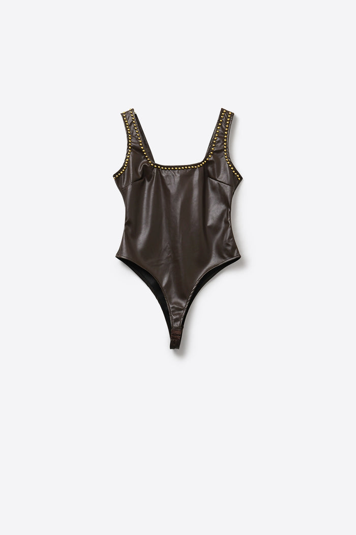 Brown Faux Leather Bodysuit with Stud Detail