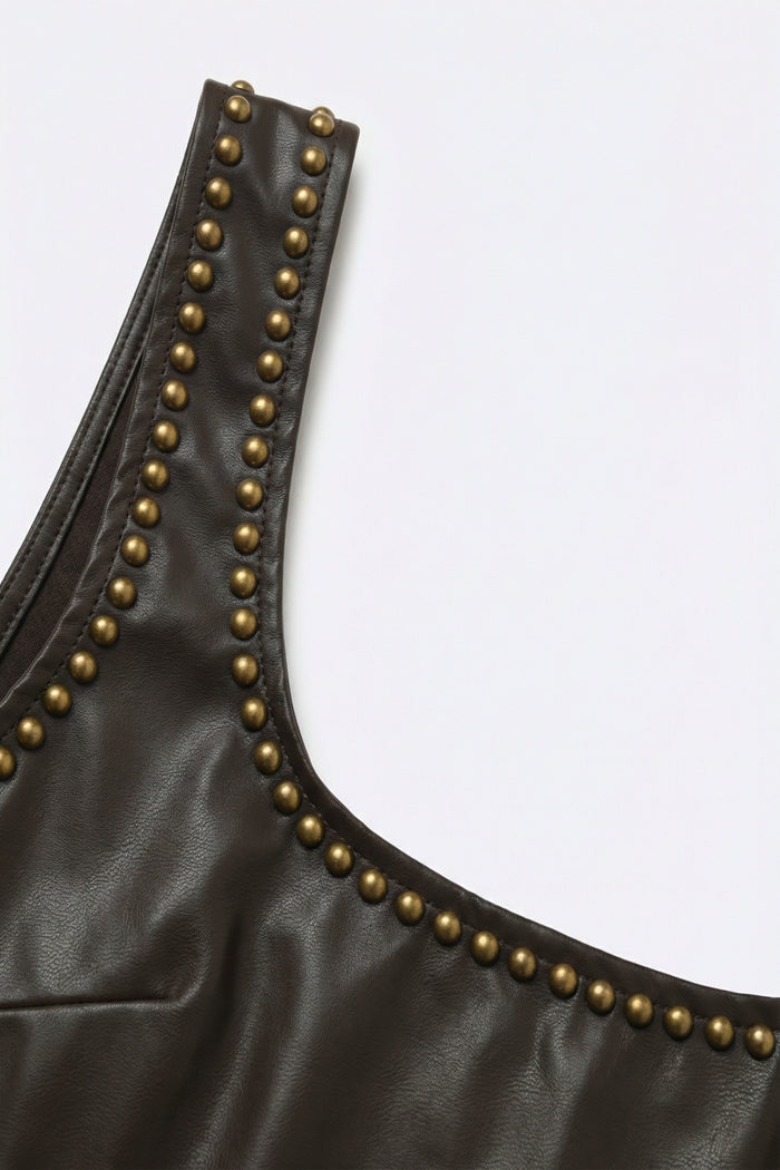 Brown Faux Leather Bodysuit with Stud Detail