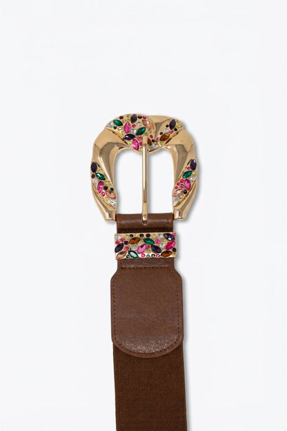 Brown Faux Leather Gold Multicolor Embellished Buckle Wide Belt