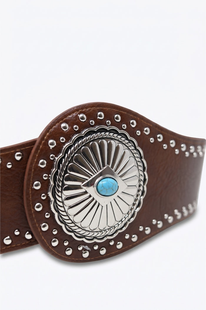 Brown Faux Leather Silver Studded Turquoise Buckle Wide Belt