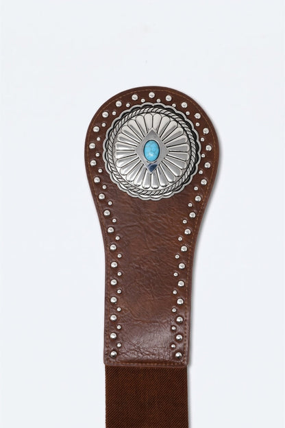 Brown Faux Leather Silver Studded Turquoise Buckle Wide Belt
