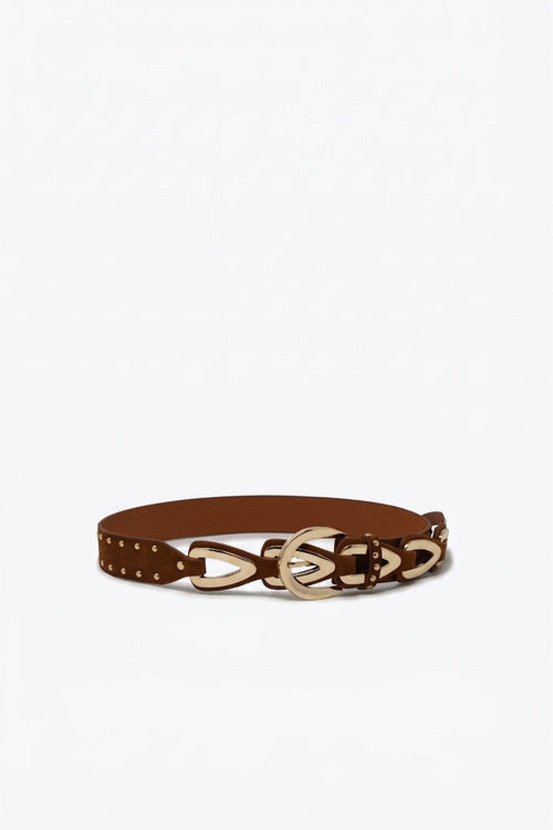 Brown Faux Leather Studded Western Buckle Detail Waist Belt