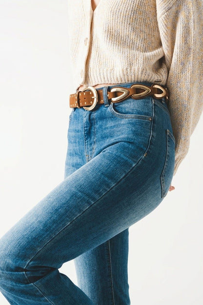 Brown Faux Leather Studded Western Buckle Detail Waist Belt