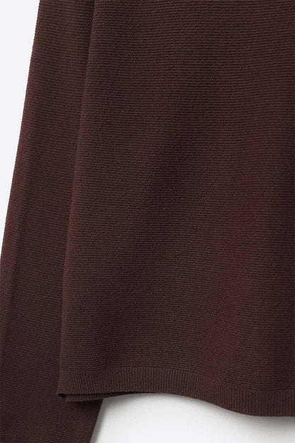 Brown Fine Knit V-Neck Sweater with Subtle Linear Texture