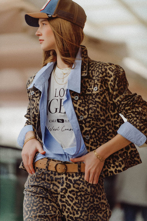 Brown Jacket with leopard Print in denim fabric