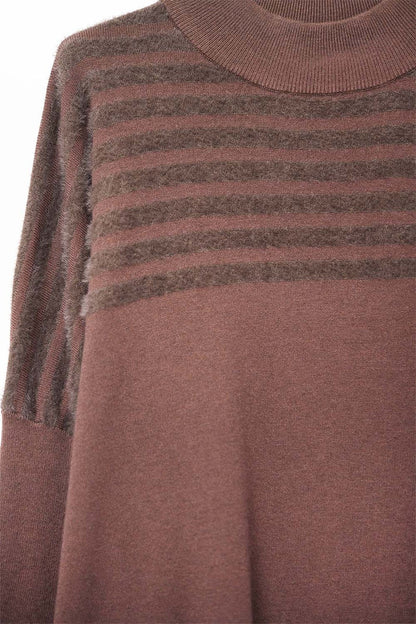 Brown Knit Sweater with Fluffy Stripe Detail