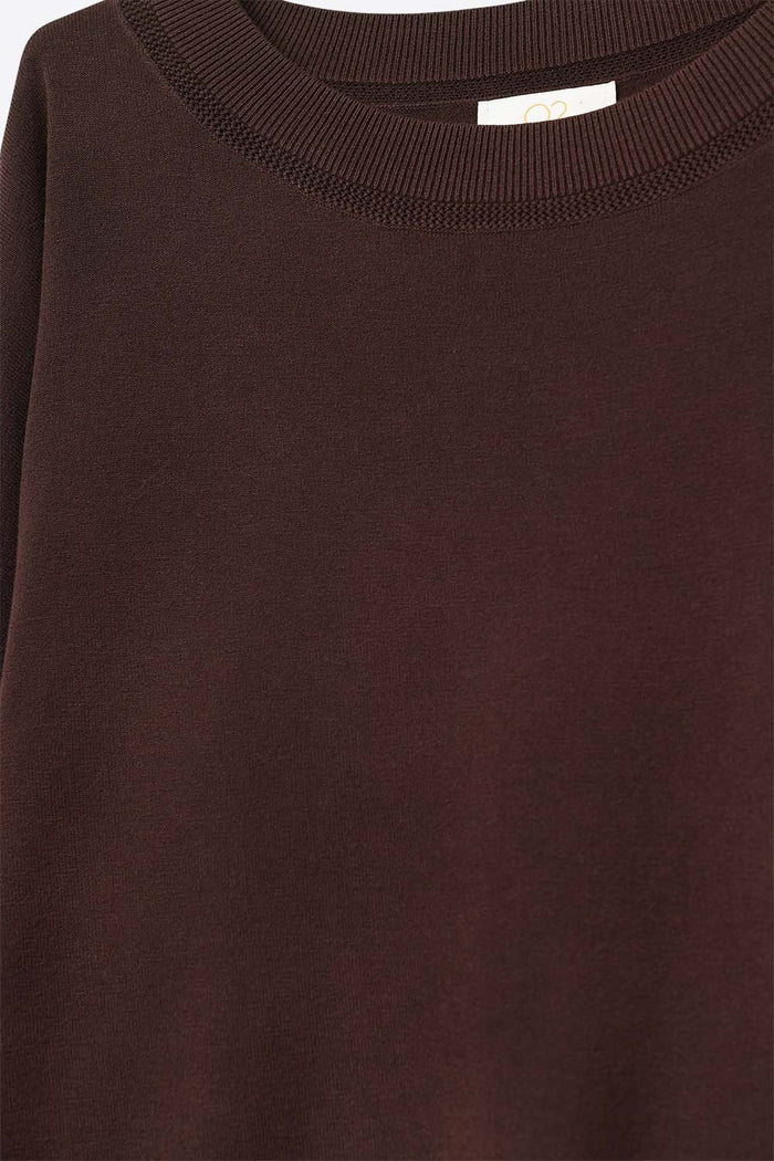 Brown knit sweater with mesh collar detail