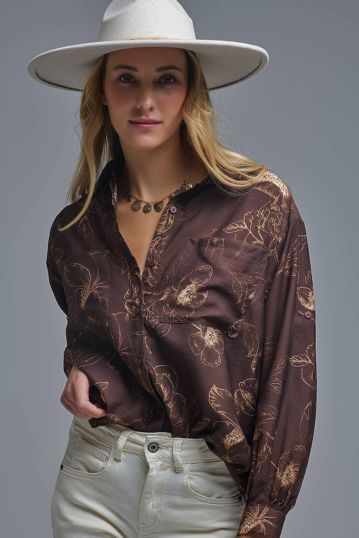 Brown Light-weight Flowy shirt in Autumnal Floral Print - Shirts
