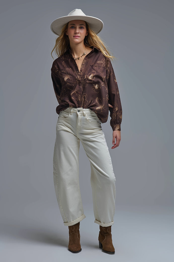Brown Light-weight Flowy shirt in Autumnal Floral Print - Shirts