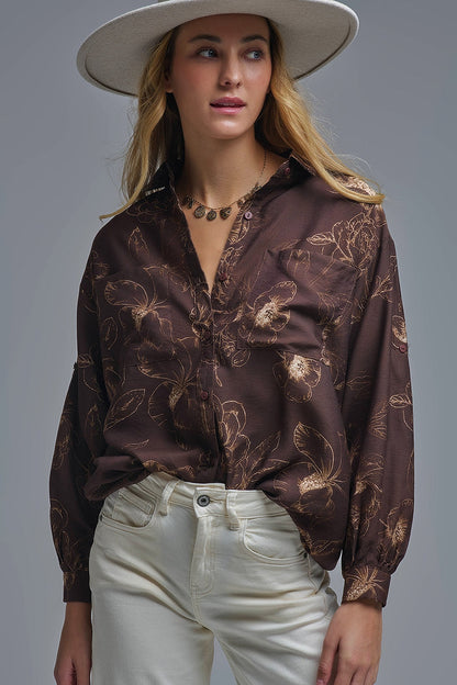 Brown Light-weight Flowy shirt in Autumnal Floral Print - Shirts