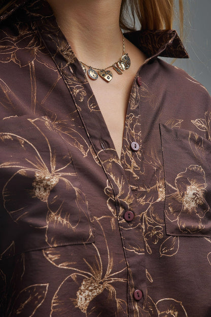 Brown Light-weight Flowy shirt in Autumnal Floral Print - Shirts