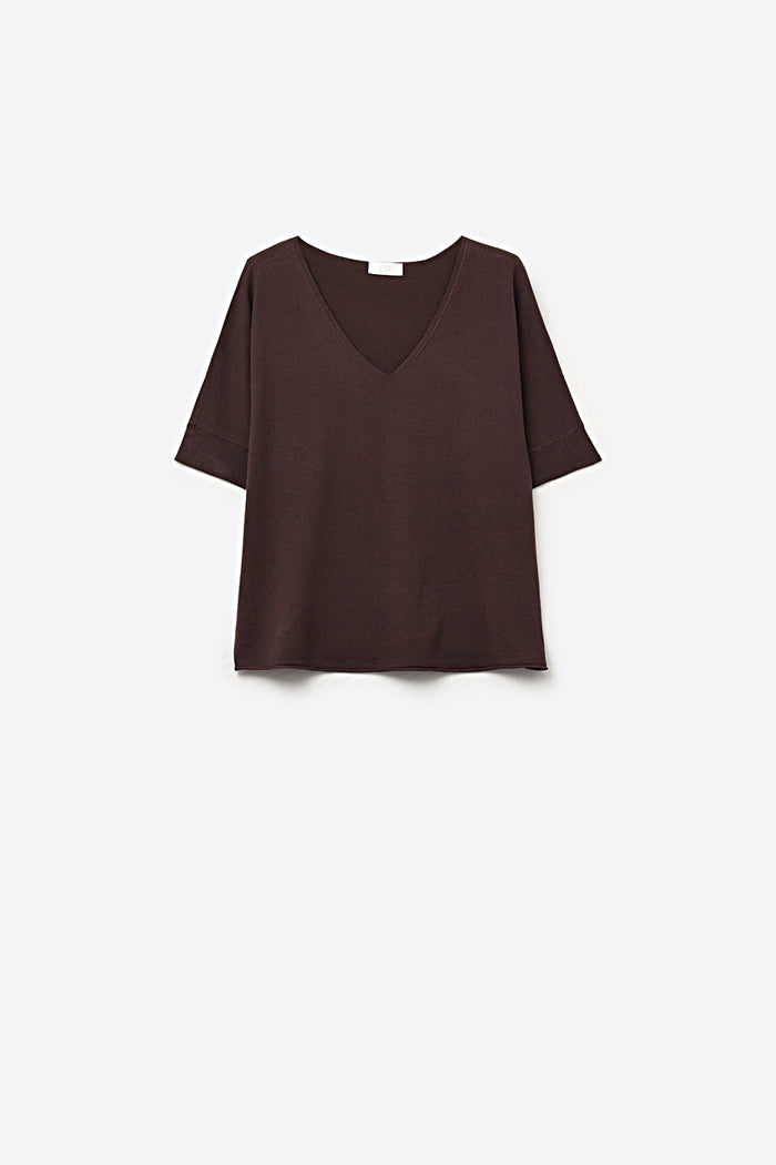 Brown Relaxed V-Neck Knit Top with Short Sleeves