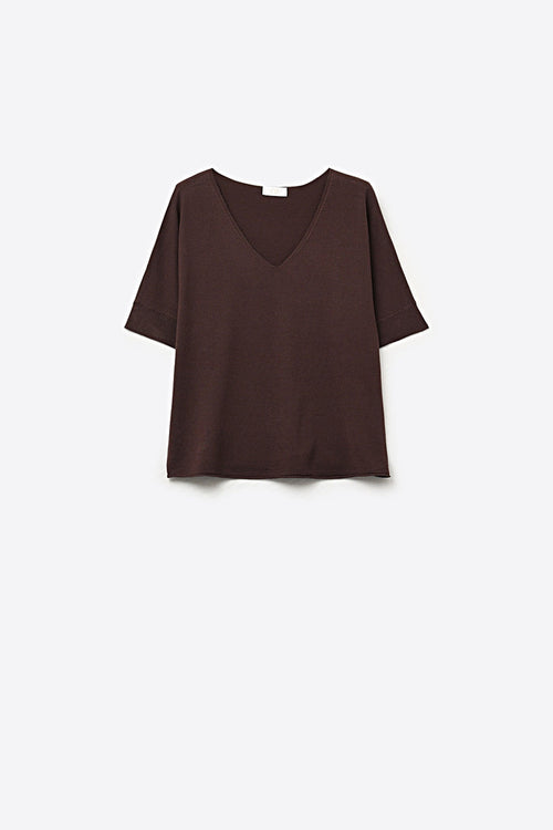 Brown Relaxed V-Neck Knit Top with Short Sleeves