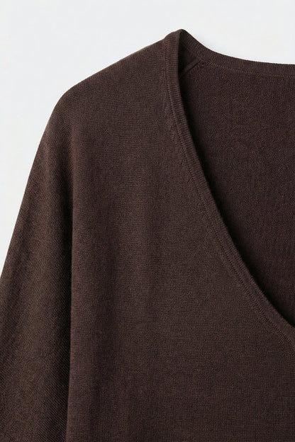Brown Relaxed V-Neck Knit Top with Short Sleeves