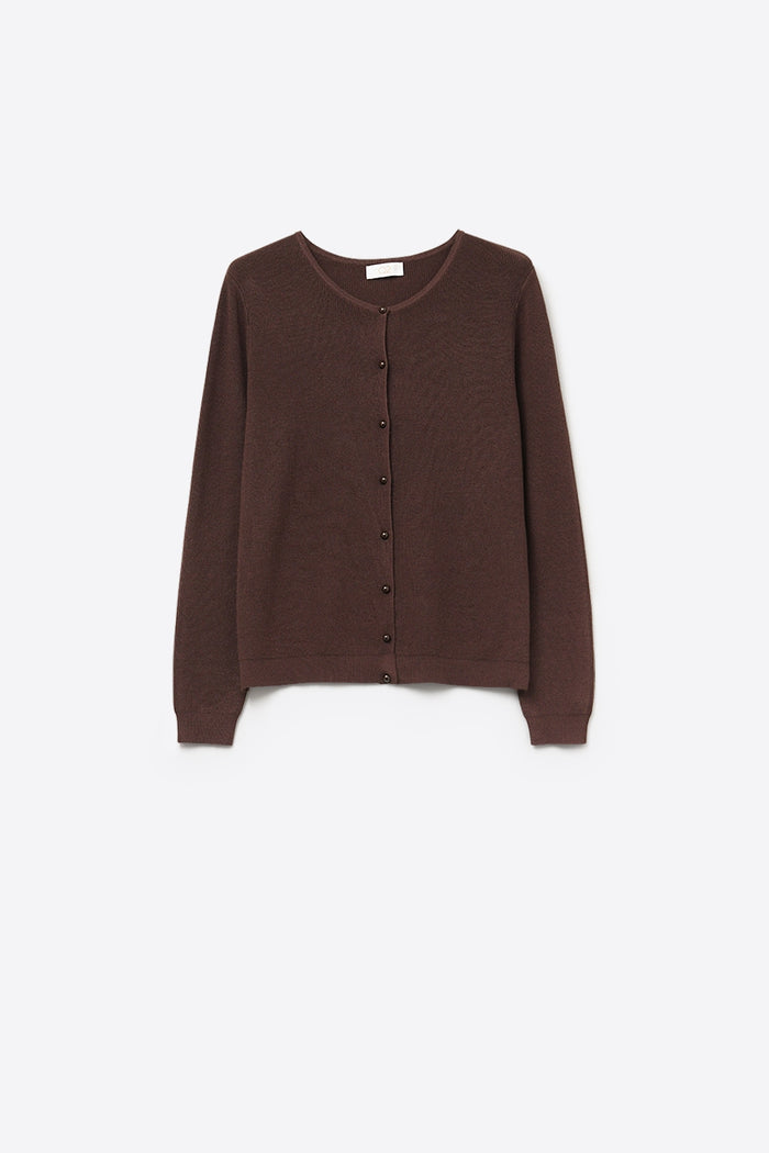 Brown Ribbed Knit Cardigan with Mother-of-Pearl Buttons