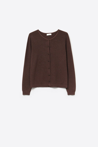 Brown Ribbed Knit Cardigan with Mother-of-Pearl Buttons
