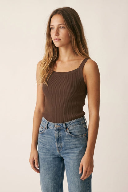Brown Ribbed Knit Top with Wide Straps