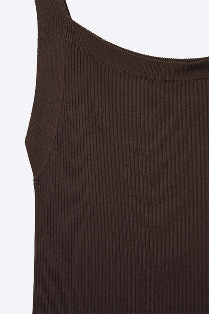 Brown Ribbed Knit Top with Wide Straps