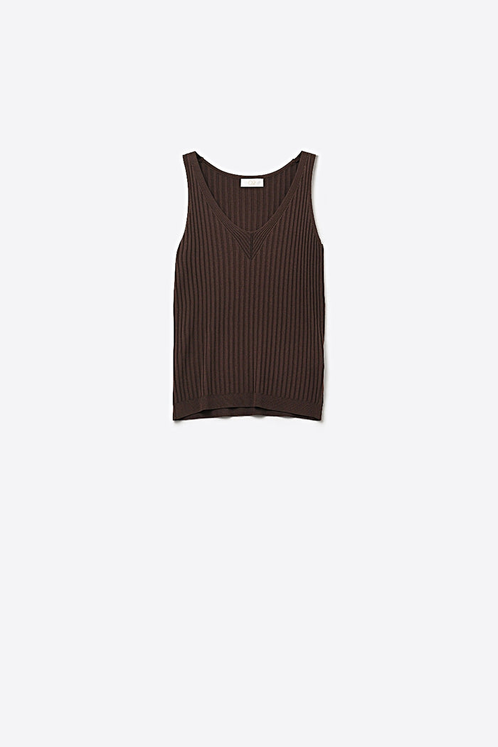 Brown Ribbed Knit V-Neck Tank Top
