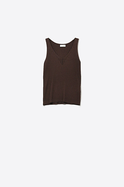 Brown Ribbed Knit V-Neck Tank Top