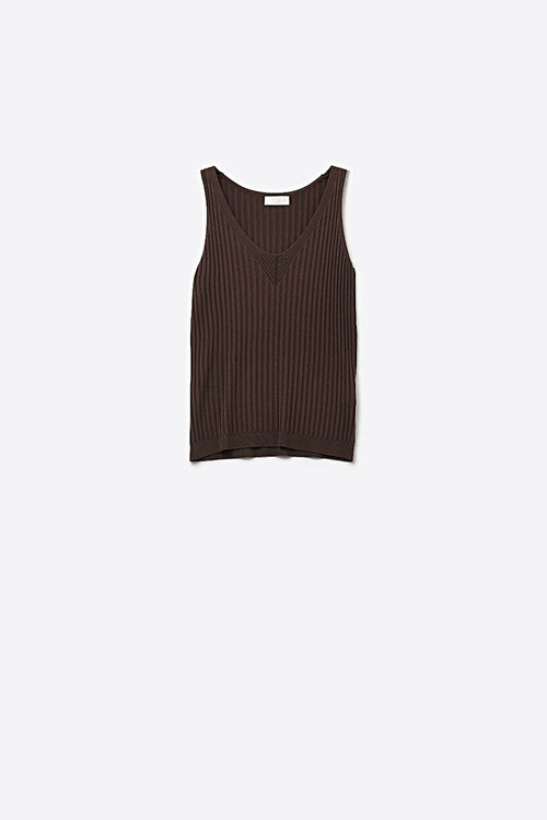Brown Ribbed Knit V-Neck Tank Top