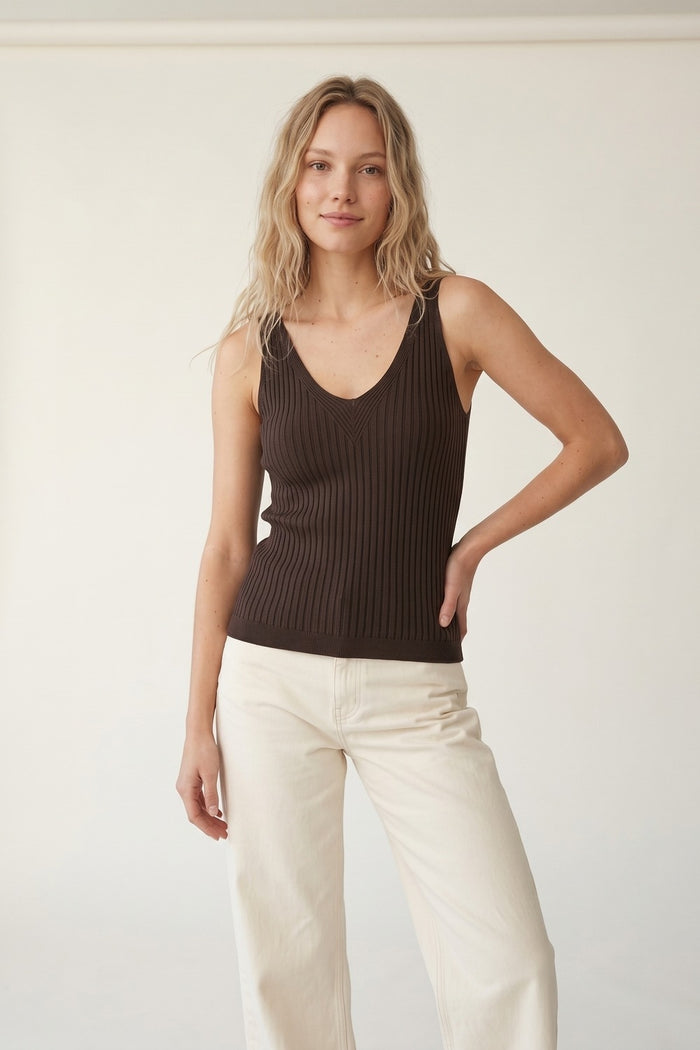 Brown Ribbed Knit V-Neck Tank Top