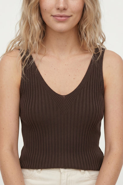 Brown Ribbed Knit V-Neck Tank Top