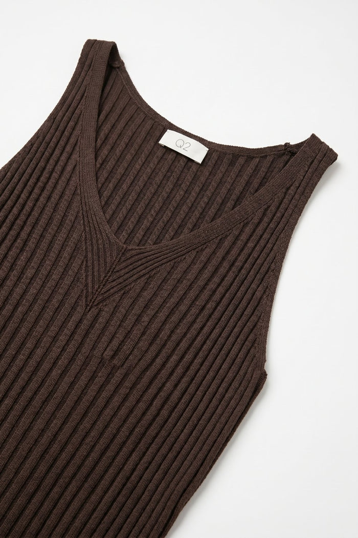 Brown Ribbed Knit V-Neck Tank Top