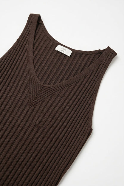 Brown Ribbed Knit V-Neck Tank Top